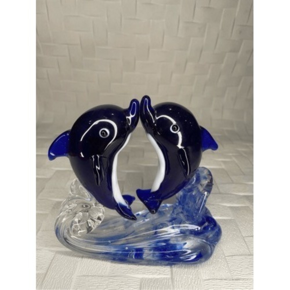 VTG‎ Crystal Dolphins Figurine Glass Hand Blown Sea Animal Sculpture SeaLive 4"T